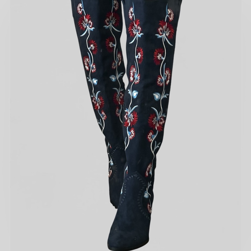 Navy blue suede over the knee boots with flower embroidery